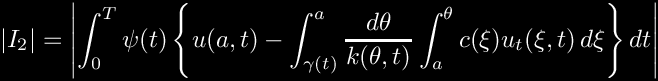 \&zwj;[    |I_2|=\left| \int_{0}^T \psi(t) 
             \left\{ 
                u(a,t)-
                \int_{\gamma(t)}^a 
                \frac{d\theta}{k(\theta,t)}
                \int_{a}^\theta c(\xi)u_t(\xi,t)\,d\xi
             \right\} dt
          \right|
\&zwj;]